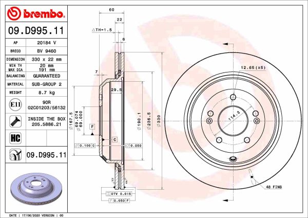 Disc frana KIA STINGER (CK) 2.0 T-GDi benzina 256 cai BREMBO 09.D995.11