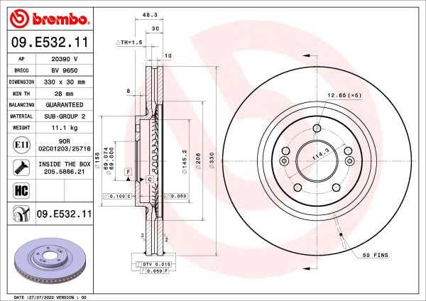 Disc frana KIA OPTIMA (JF) 2.0 T-GDi benzina 238 cai BREMBO 09.E532.11