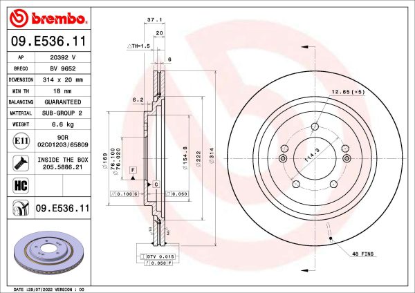 Disc frana KIA OPTIMA (JF) 2.0 T-GDi benzina 238 cai BREMBO 09.E536.11