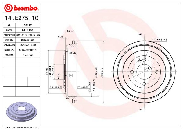 Tambur frana KIA STONIC (YB) 1.6 CRDi diesel 116 cai BREMBO 14.E275.10
