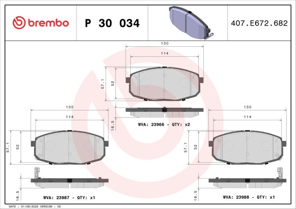 Placute frana KIA SELTOS (SP2, SP2I) 2.0 MPi (SP2) benzina 150 cai BREMBO P 30 034