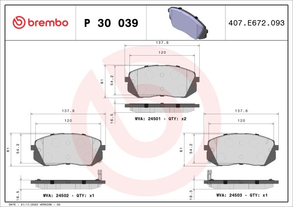 Placute frana KIA SELTOS (SP2, SP2I) 1.6 T-GDi 4WD (SP2) benzina 177 cai BREMBO P 30 039
