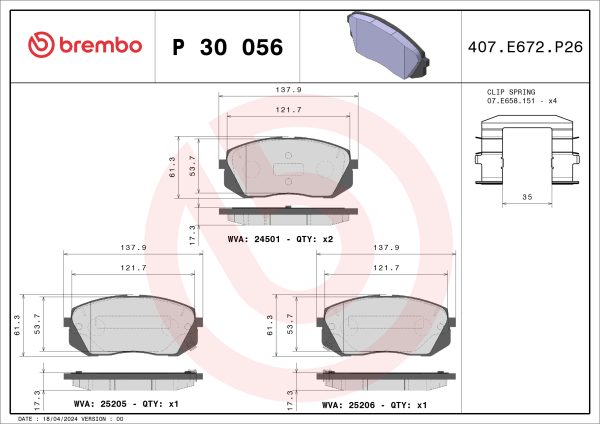 Placute frana KIA CEED (JD) 1.6 GT benzina 204 cai BREMBO P 30 056X