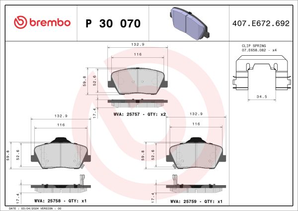 Placute frana KIA SELTOS (SP2, SP2I) 1.6 MPi (SP2) benzina 122 cai BREMBO P 30 070