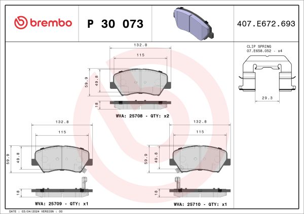 Placute frana KIA CEED (CD) 1.4 T-GDI benzina 140 cai BREMBO P 30 073X
