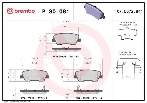 Placute frana KIA STINGER (CK) 2.0 T-GDI benzina 245 cai BREMBO P 30 081