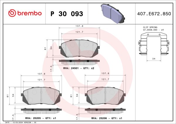 Placute frana KIA XCEED (CD) 1.5 T-GDi MHEV benzina/elector 160 cai BREMBO P 30 093X