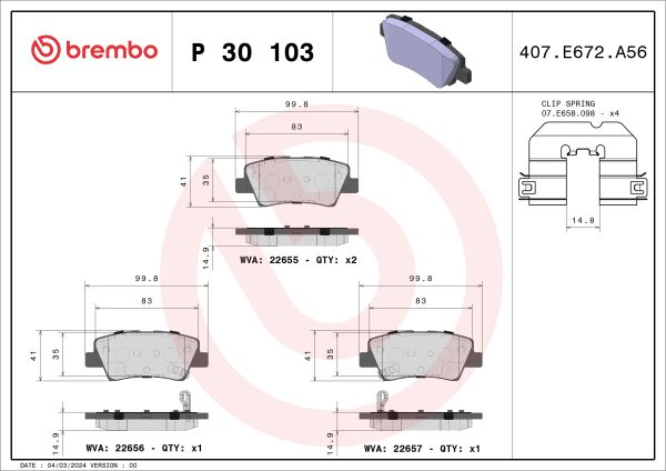 Placute frana KIA STONIC (YB) 1.0 T-GDi Eco-Dynamics+ benzina/elector 120 cai BREMBO P 30 103
