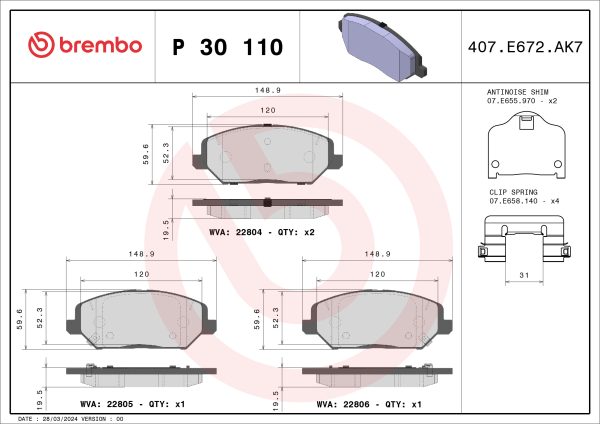 Placute frana KIA CEED (CD) 1.0 T-GDI 100 Eco-Dynamics+ benzina/elector 101 cai BREMBO P 30 110