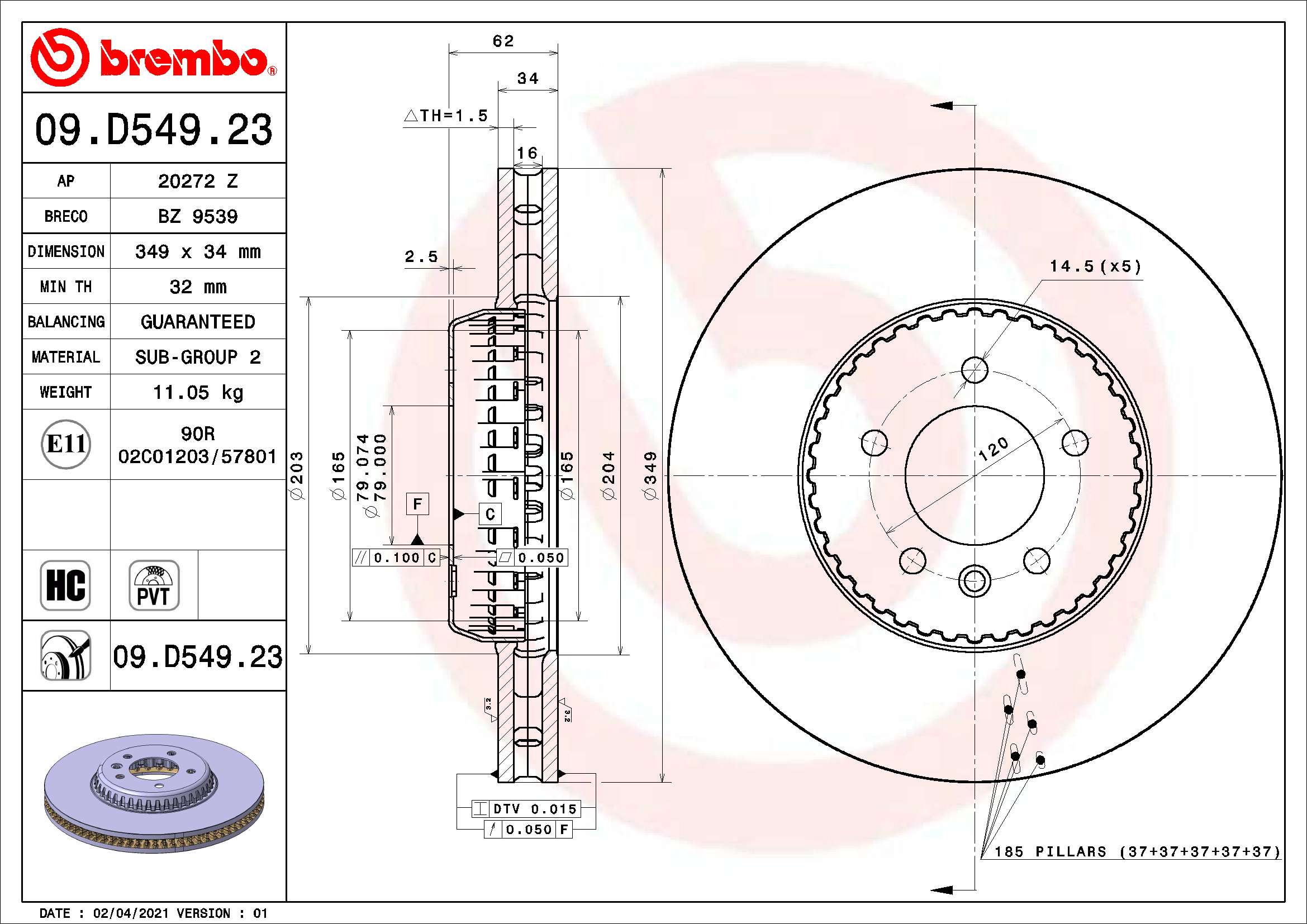 Disc frana LAND ROVER DEFENDER Van (L663) 2.0 D200 SD4 4x4 diesel 200 cai BREMBO 09.D549.23