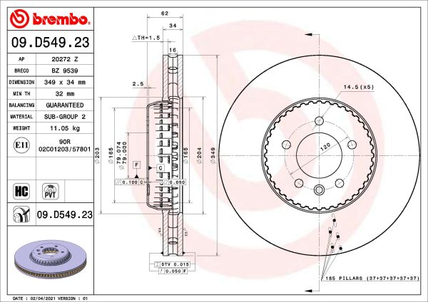 Disc frana LAND ROVER DEFENDER Van (L663) 3.0 D300 MHEV 4x4 Diesel/electro 300 cai BREMBO 09.D549.23