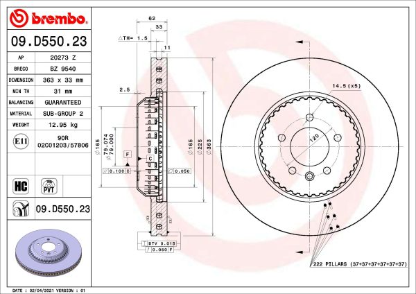 Disc frana LAND ROVER DEFENDER Station Wagon (L663) D250 MHEV 4x4 Diesel/electro 249 cai BREMBO 09.D550.23