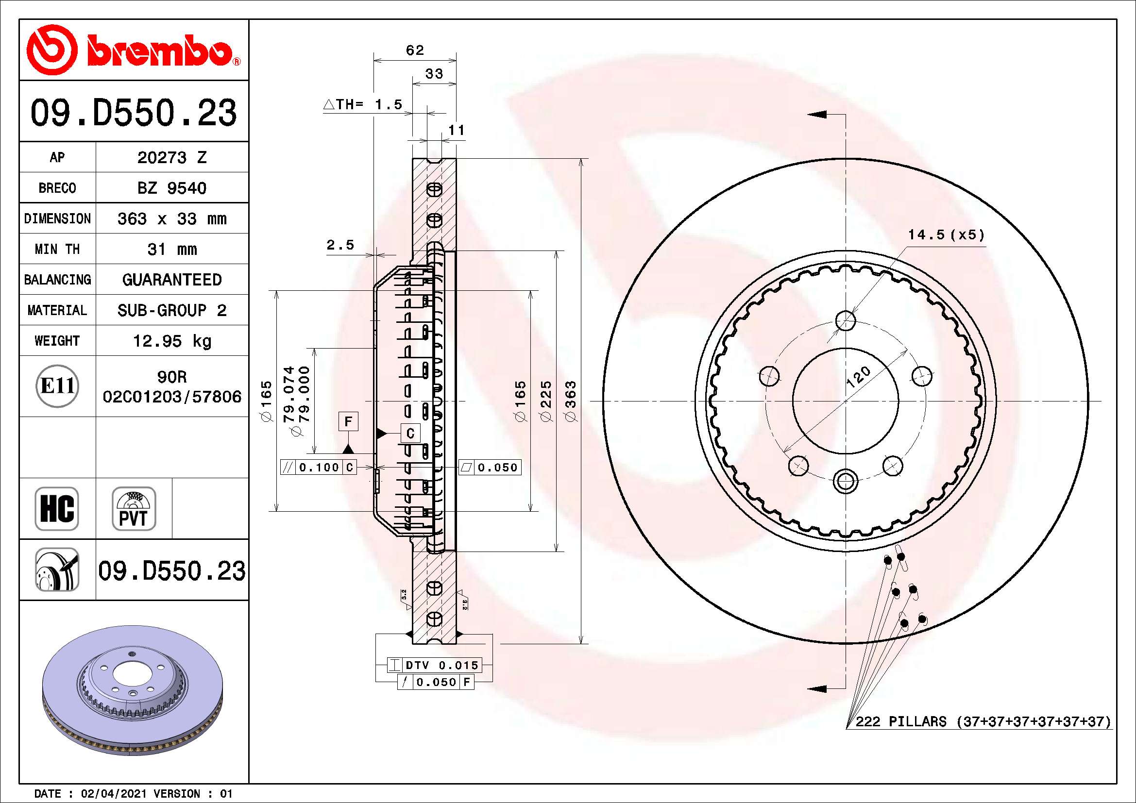 Disc frana LAND ROVER DEFENDER Van (L663) 2.0 D240 SD4 4x4 diesel 241 cai BREMBO 09.D550.23