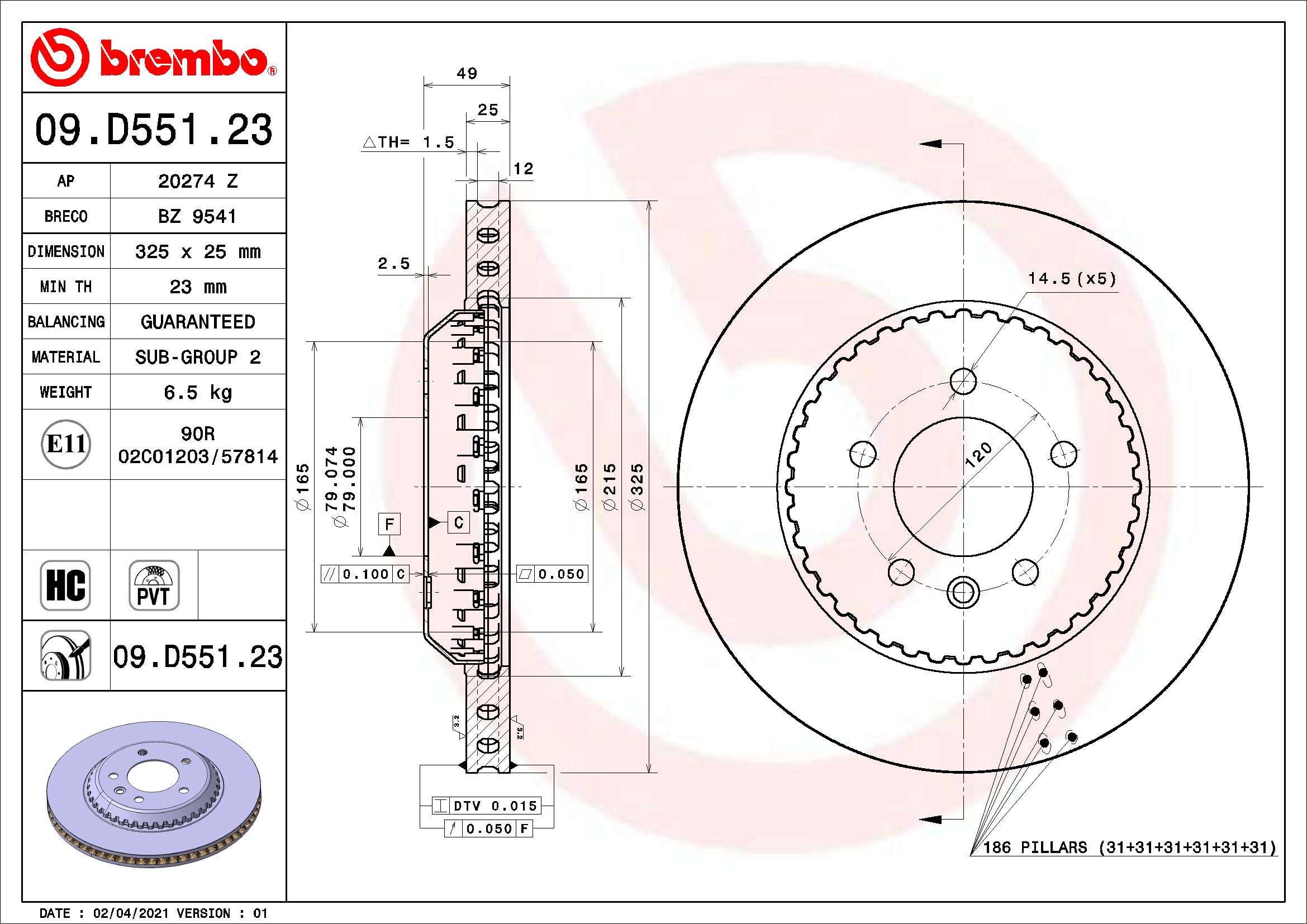 Disc frana LAND ROVER DEFENDER Van (L663) 2.0 P400e Hybrid 4x4 benzina/elector 404 cai BREMBO 09.D551.23