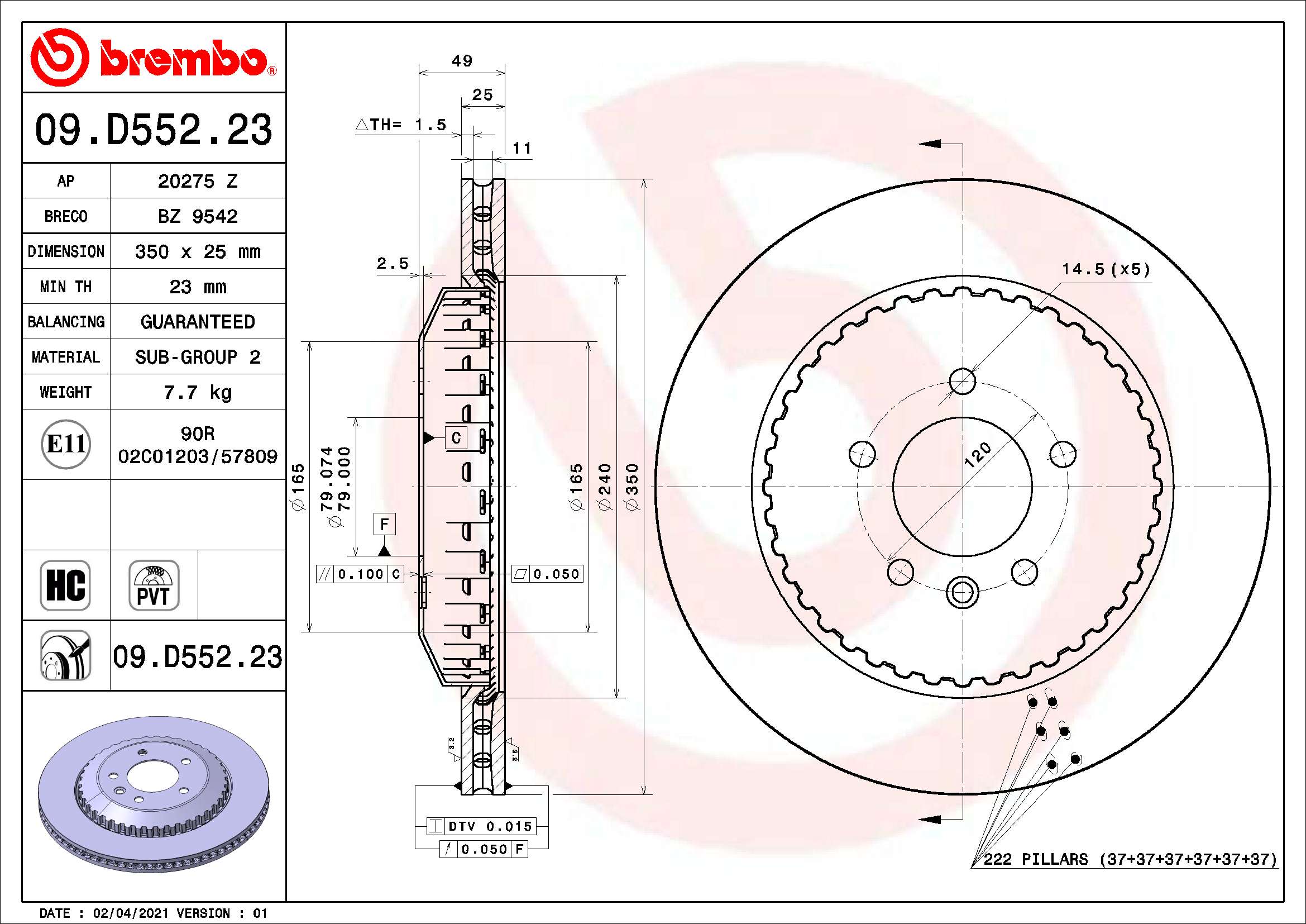 Disc frana LAND ROVER DEFENDER Station Wagon (L663) P300 MHEV 4x4 benzina/elector 300 cai BREMBO 09.D552.23