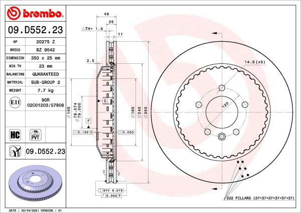 Disc frana LAND ROVER DEFENDER Van (L663) 3.0 D300 MHEV 4x4 Diesel/electro 300 cai BREMBO 09.D552.23