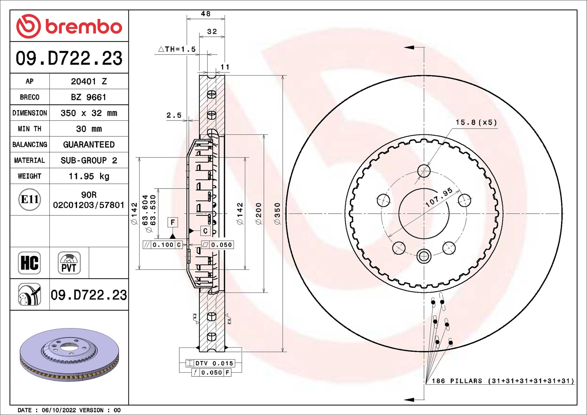 Disc frana BREMBO 09.D722.23 LAND ROVER RANGE ROVER VELAR (L560) 2,993 cmc (306DT(TDV6) diesel 300 BREMBO 09.D722.23