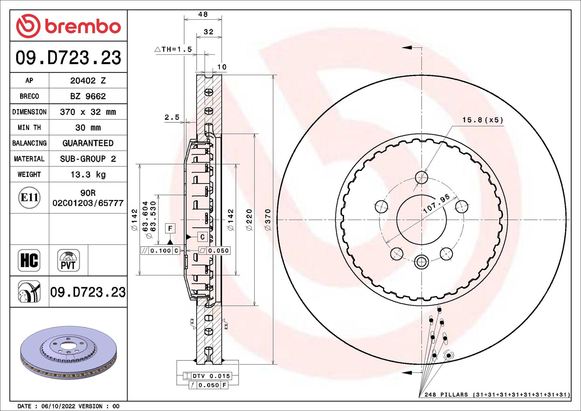 Disc frana BREMBO 09.D723.23 LAND ROVER RANGE ROVER VELAR (L560) 2,995 cmc (PT306(AJ20P6) benzina/elector 400 BREMBO 09.D723.23