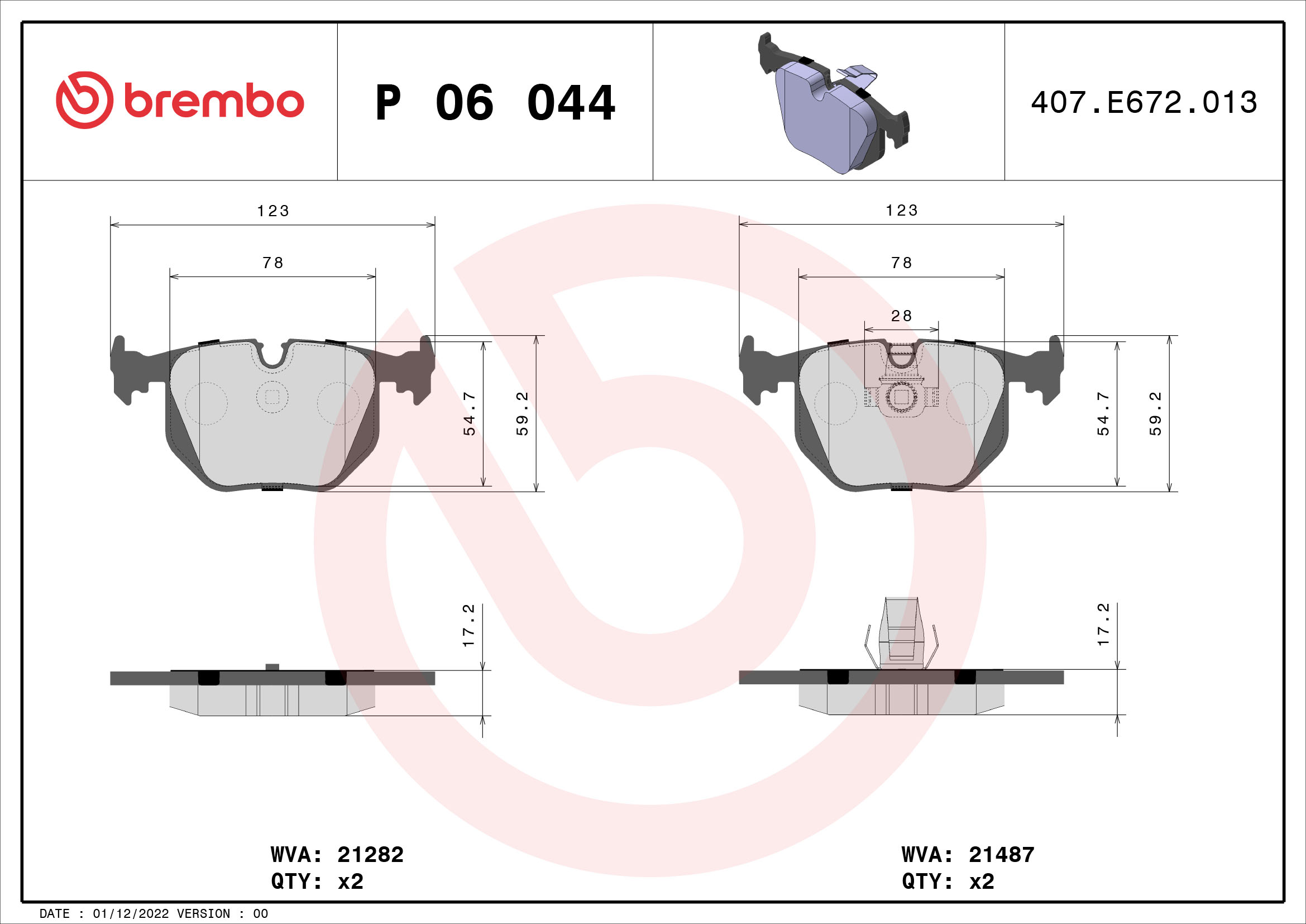 Set placute frana BREMBO P 06 044 LAND ROVER RANGE ROVER III (L322) 2,926 cmc (306D1(M57D30) diesel 177 BREMBO P 06 044