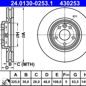 Disc frana ATE 24.0130-0253.1 LAND ROVER RANGE ROVER VELAR (L560) 1,997 cmc (PT204(AJ20P4) benzina/elector 404 ATE 24.0130-0253.1
