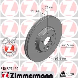 Disc frana ZIMMERMANN 610.3711.20 LAND ROVER FREELANDER 2 (L359) 1,999 cmc (204PT(GTDI) benzina 241 ZIMMERMANN 610.3711.20