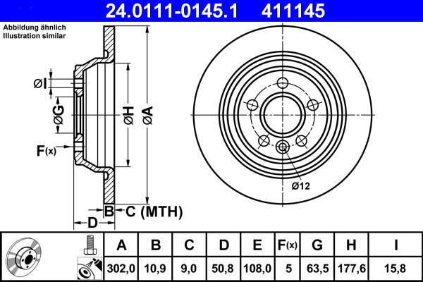 Disc frana ATE 24.0111-0145.1 LAND ROVER RANGE ROVER EVOQUE VAN (L538) 2,179 cmc (224DT(DW12BTED4) diesel 190 ATE 24.0111-0145.1