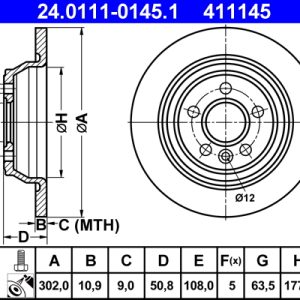 Disc frana ATE 24.0111-0145.1 LAND ROVER RANGE ROVER EVOQUE (L538) 1,999 cmc (204DTD(AJ20D4) diesel 180 ATE 24.0111-0145.1