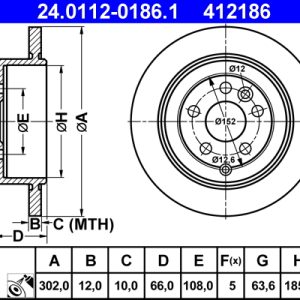Disc frana ATE 24.0112-0186.1 LAND ROVER FREELANDER 2 (L359) 2,179 cmc (DW12BTED4, 224DT(DW12BTED4) diesel 150 ATE 24.0112-0186.1