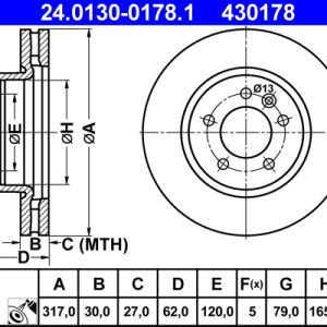 Disc frana ATE 24.0130-0178.1 LAND ROVER DISCOVERY III (L319) 2,720 cmc (276DT(TDV6) diesel 190 ATE 24.0130-0178.1