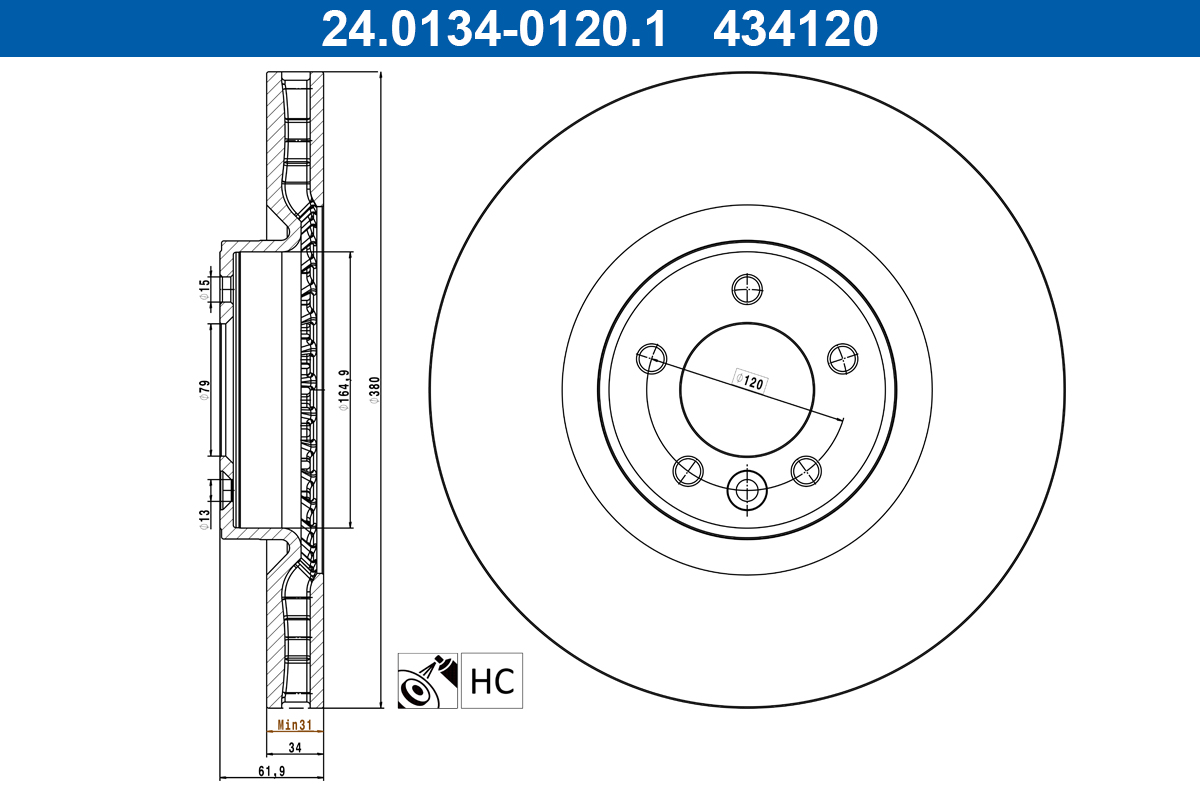 Disc frana ATE 24.0134-0120.1 LAND ROVER RANGE ROVER IV (L405) 2,993 cmc (306DT(TDV6) Diesel/electro 340 ATE 24.0134-0120.1