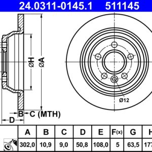 Disc frana ATE 24.0311-0145.1 LAND ROVER RANGE ROVER EVOQUE (L538) 2,179 cmc (224DT(DW12BTED4) diesel 190 ATE 24.0311-0145.1
