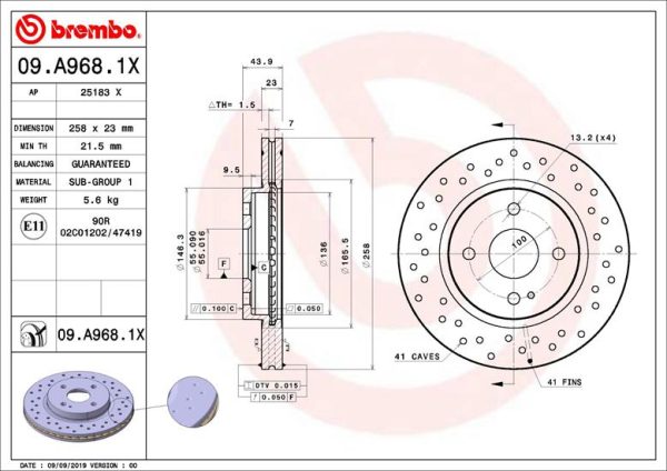 Disc frana MAZDA 2 (DE_, DH_) 1.5 MZR (DE5FS) benzina 102 cai BREMBO 09.A968.1X