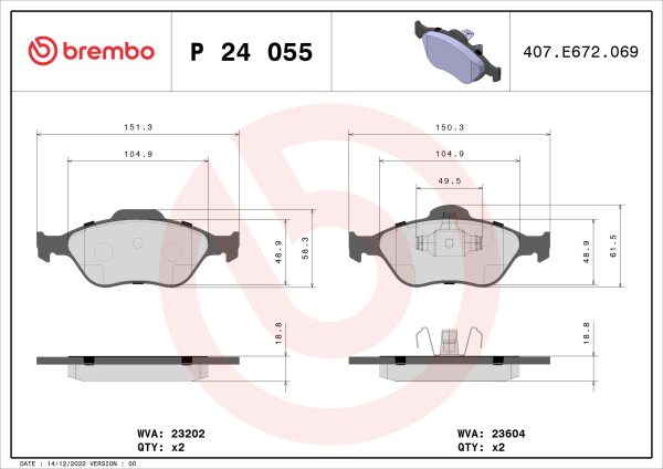 Placute frana MAZDA 2 (DY) 1.2 (DY3W) benzina 75 cai BREMBO P 24 055