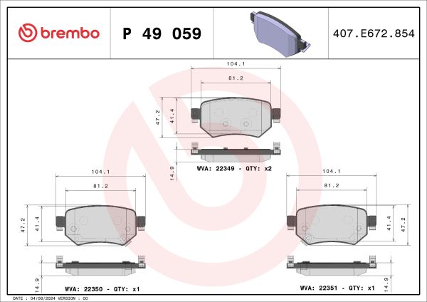 Placute frana MAZDA 6 combi (GJ, GL) 2.2 D (GJ2FW, GJ1021, GJ1022, GL1021) diesel 175 cai BREMBO P 49 059