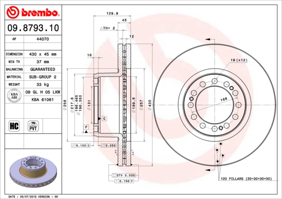 Disc frana MERCEDES-BENZ ACTROS 3346 S diesel 456 cai BREMBO 09.8793.10