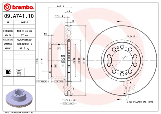 Disc frana MERCEDES-BENZ ACTROS 3235 diesel 354 cai BREMBO 09.A741.10
