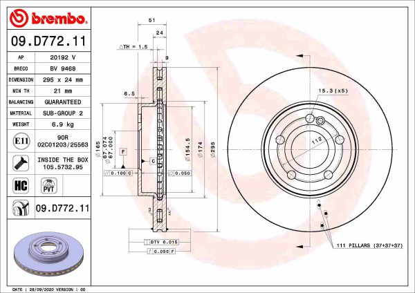 Disc frana MERCEDES-BENZ A-CLASS (W177) A 180 (177.084) benzina 136 cai BREMBO 09.D772.11