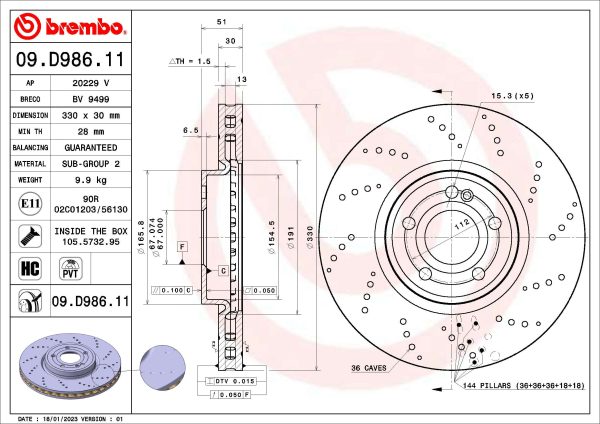 Disc frana MERCEDES-BENZ A-CLASS (W177) A 180 d (177.010) diesel 116 cai BREMBO 09.D986.11