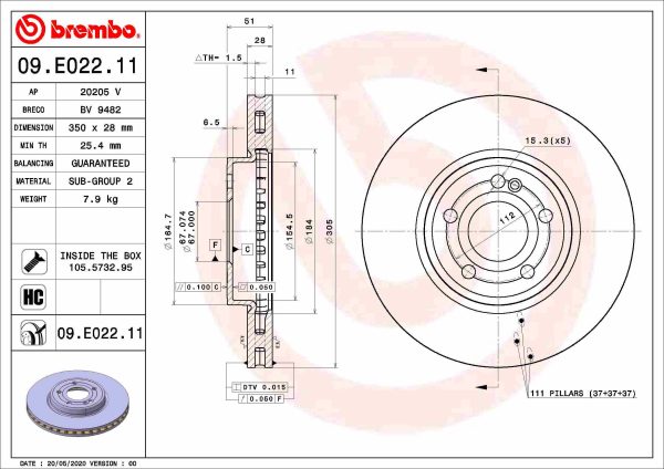 Disc frana MERCEDES-BENZ A-CLASS (W177) A 160 d (177.002) diesel 95 cai BREMBO 09.E022.11
