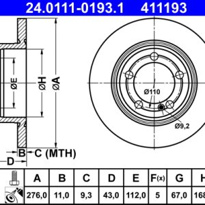 Disc frana MERCEDES-BENZ A-CLASS (W177) A 180 (177.084) benzina 136 cai ATE 24.0111-0193.1