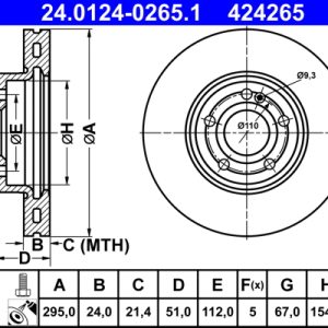 Disc frana MERCEDES-BENZ A-CLASS (W177) A 160 d (177.002) diesel 95 cai ATE 24.0124-0265.1