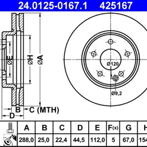 Disc frana MERCEDES-BENZ A-CLASS (W169) E-CELL (169.090) electric 68 cai ATE 24.0125-0167.1