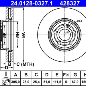 Disc frana MERCEDES-BENZ A-CLASS (W177) A 180 (177.084) benzina 136 cai ATE 24.0128-0327.1