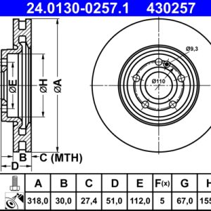 Disc frana MERCEDES-BENZ A-CLASS (W177) A 220 (177.044) benzina 190 cai ATE 24.0130-0257.1