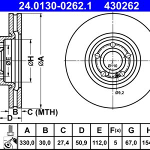 Disc frana MERCEDES-BENZ A-CLASS (W177) A 250 e (177.085) benzina/elector 218 cai ATE 24.0130-0262.1