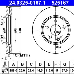 Disc frana MERCEDES-BENZ A-CLASS (W169) E-CELL (169.090) electric 68 cai ATE 24.0325-0167.1
