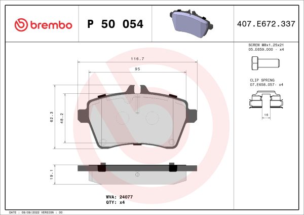 Placute frana MERCEDES-BENZ A-CLASS (W169) A 150 (169.031, 169.331) benzina 95 cai BREMBO P 50 054