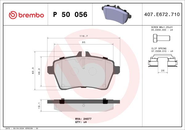 Placute frana MERCEDES-BENZ A-CLASS (W169) A 180 (169.032, 169.332) benzina 116 cai BREMBO P 50 056