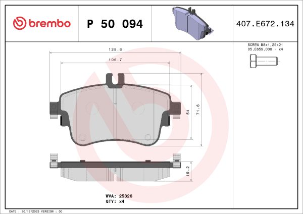 Placute frana MERCEDES-BENZ A-CLASS (W176) A 200 (176.043) benzina 156 cai BREMBO P 50 094X