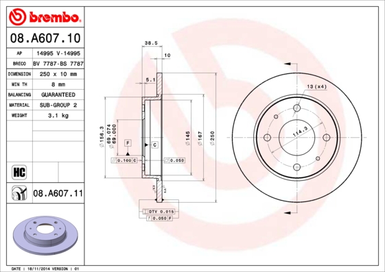 Disc frana MITSUBISHI COLT VI (Z3_A, Z2_A) 1.5 DI-D (Z39A) diesel 95 cai BREMBO 08.A607.11